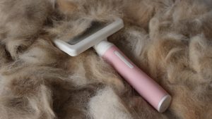 a pet brush on top of lots of pet hair - managing pet hair in small apartments