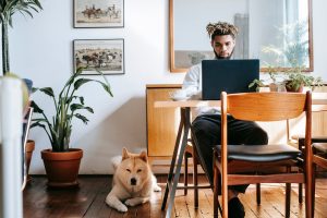 Person working on laptop with dog nearby - letter to landlord for pet approval