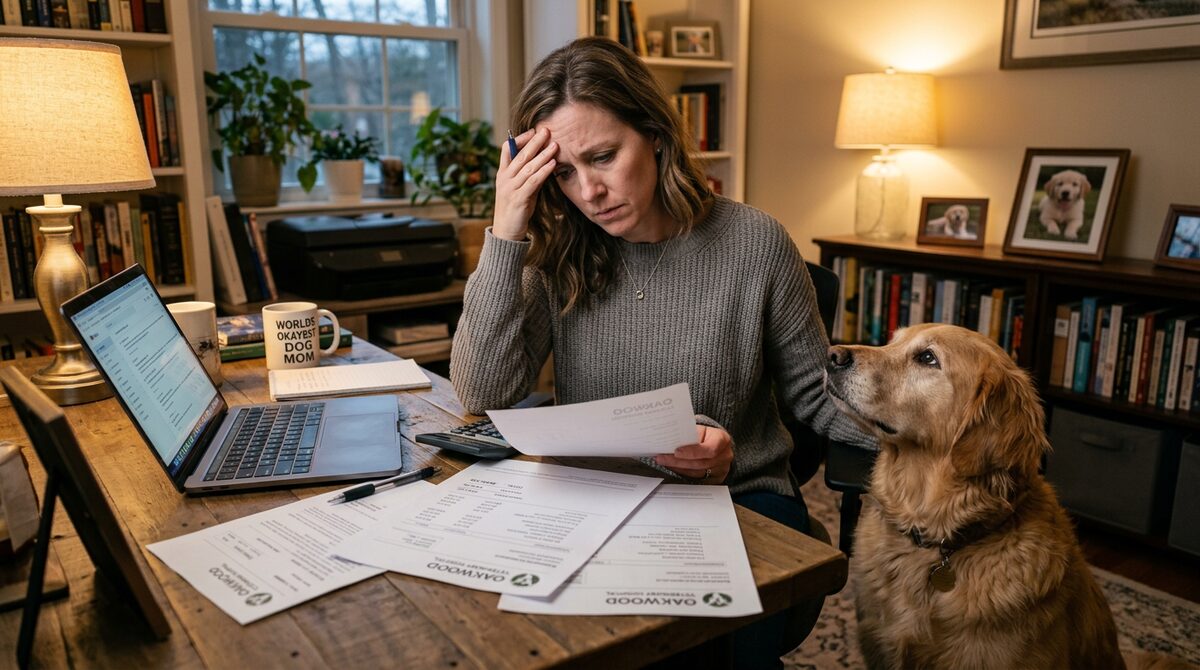 Pet owner reviewing vet bills with their dog — how to afford emergency vet costs