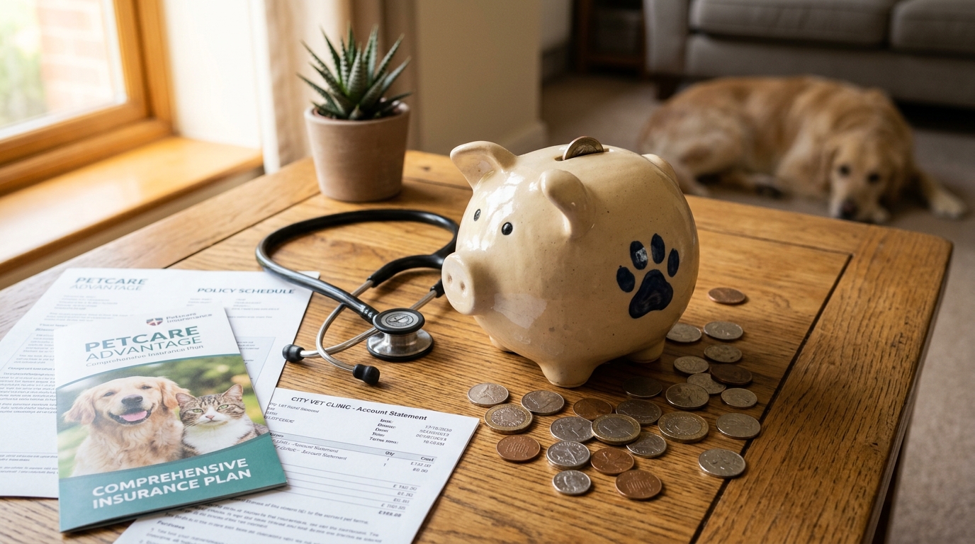 Pet savings fund concept — piggy bank with paw print, pet insurance documents, and coins