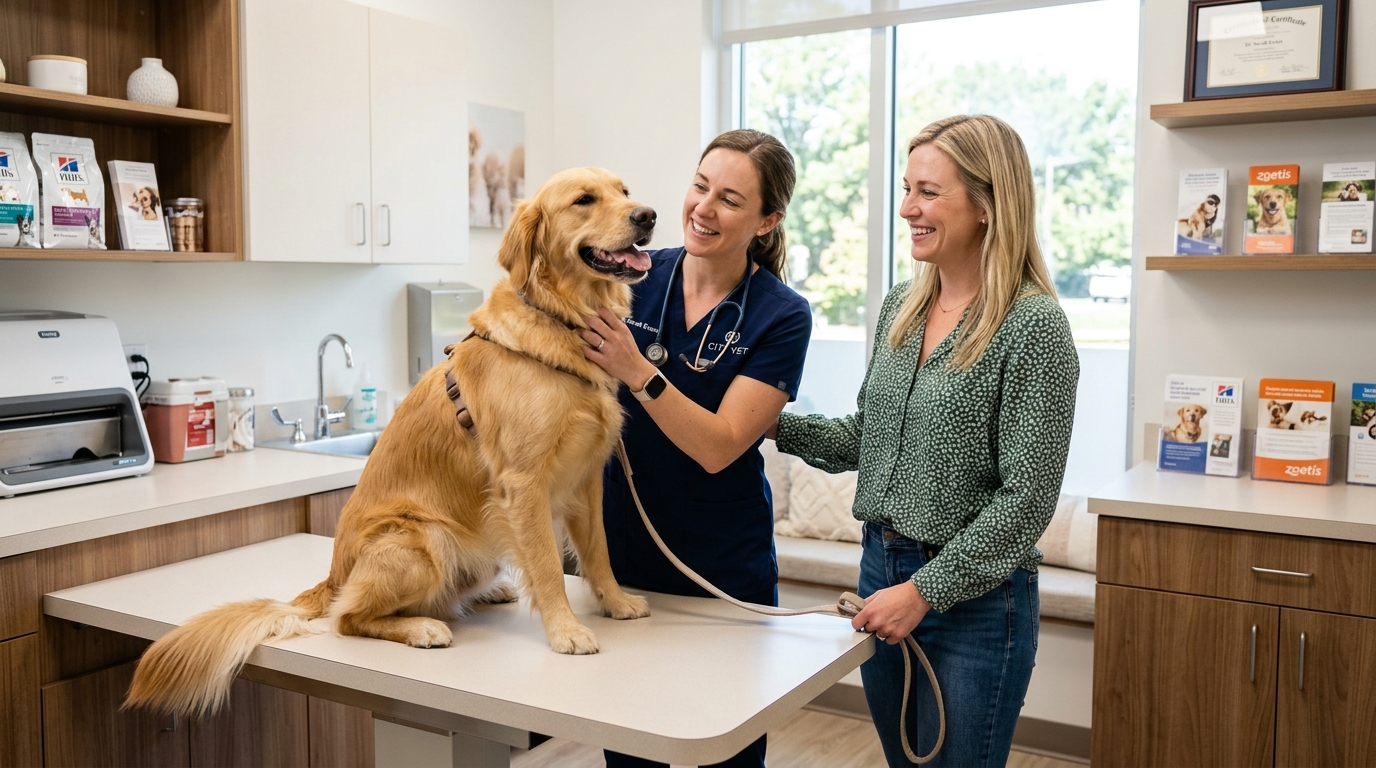 Happy dog being examined at the vet, owner smiling with relief