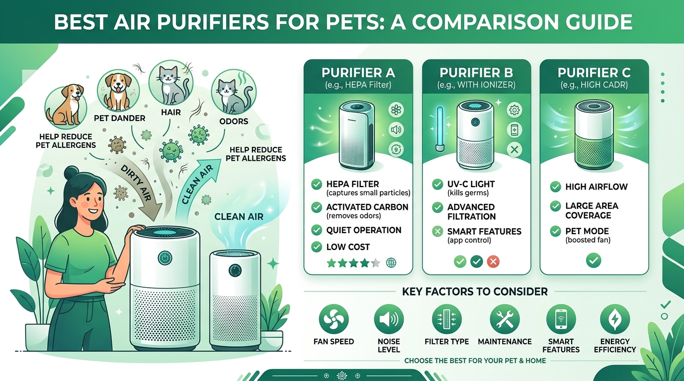 Comparison infographic of top air purifier features for dogs and cats