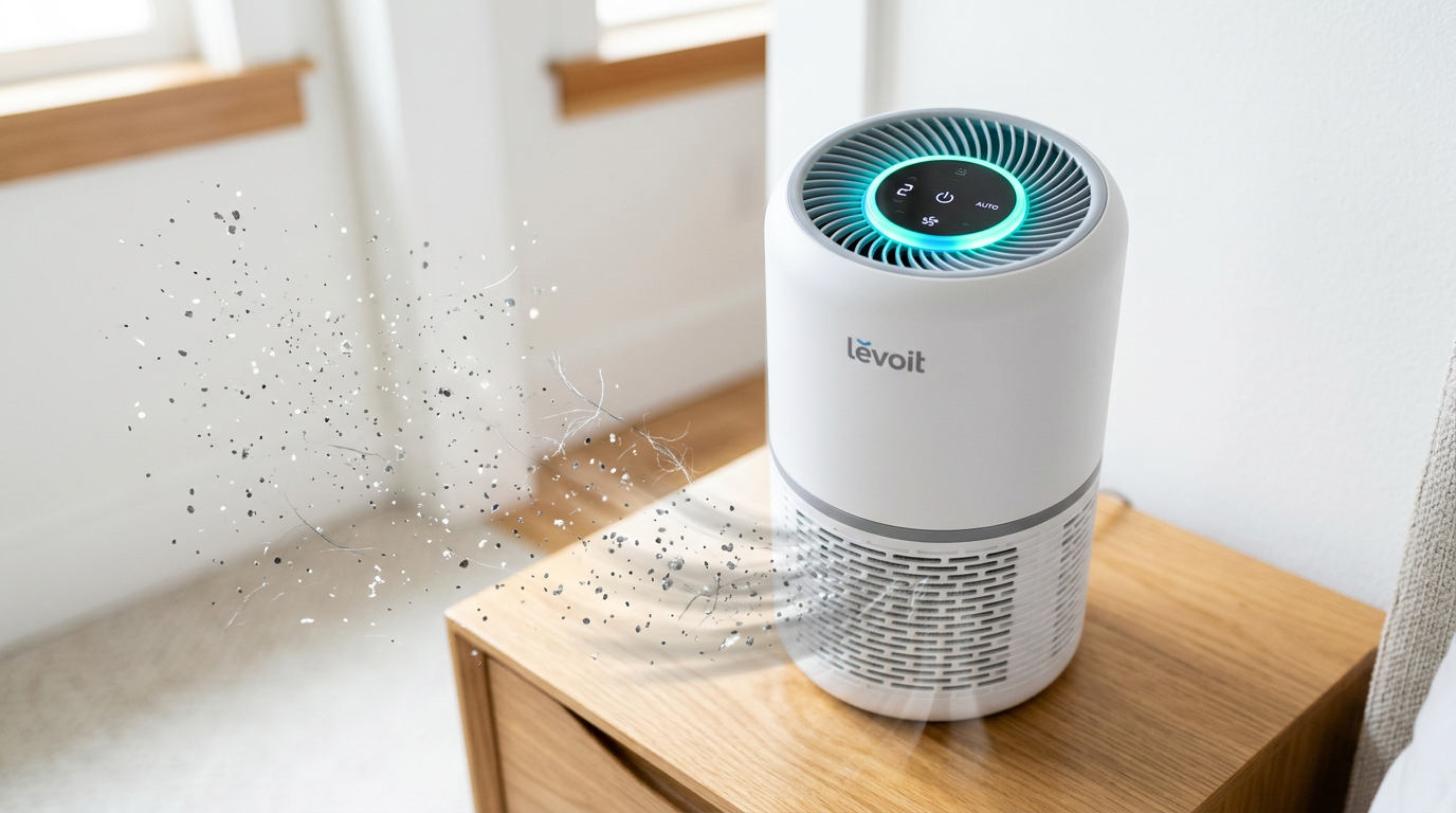 HEPA air purifier showing blue indicator light with illustrated pet dander particles in air