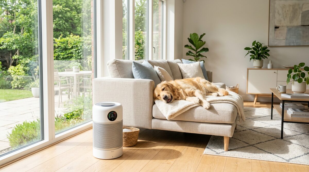 Golden retriever relaxing beside an air purifier in a bright living room
