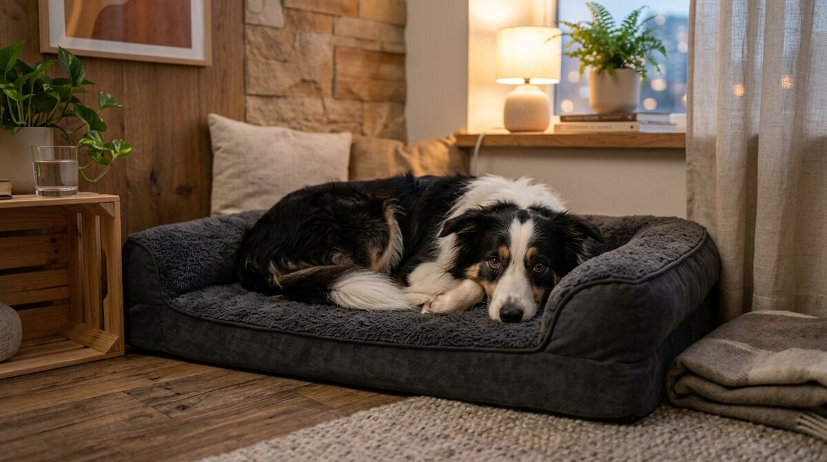 Anxious border collie dog lying calmly on an orthopedic bed in a cozy apartment corner