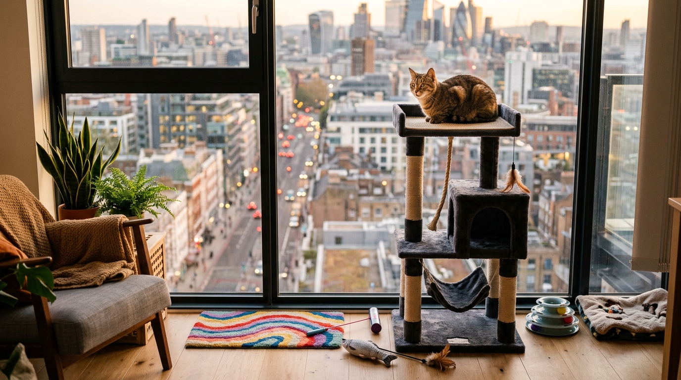 Happy cat perched on cat tree by apartment window with city view