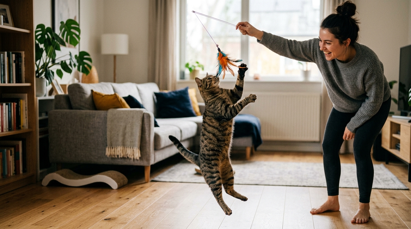 Cat playing with feather wand toy in apartment during enrichment session