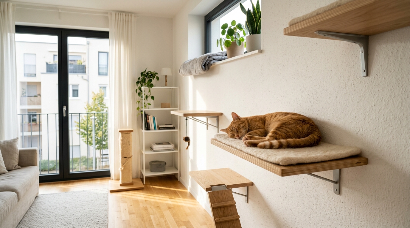Apartment with cat wall shelves, window perch, and scratching posts