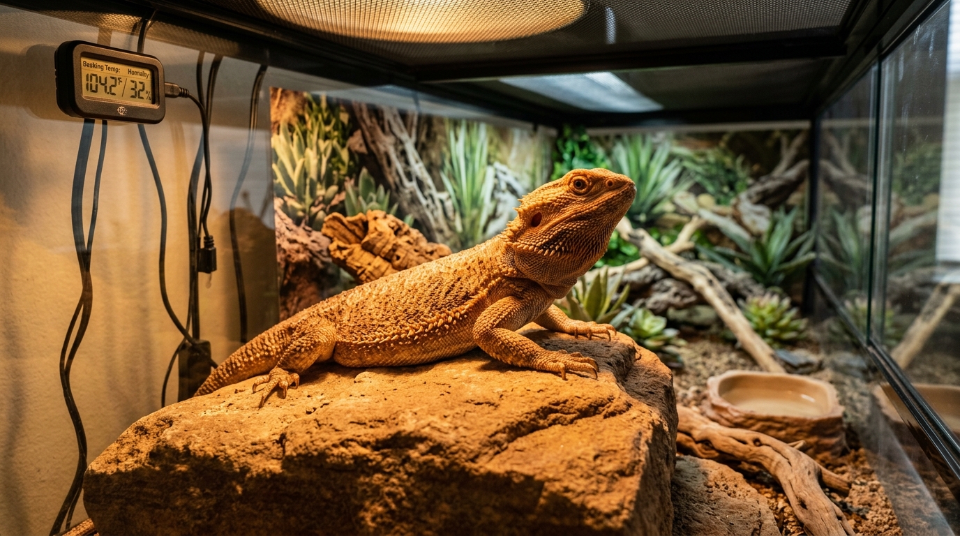 Bearded dragon basking on rock under UV heat lamp in well-equipped terrarium
