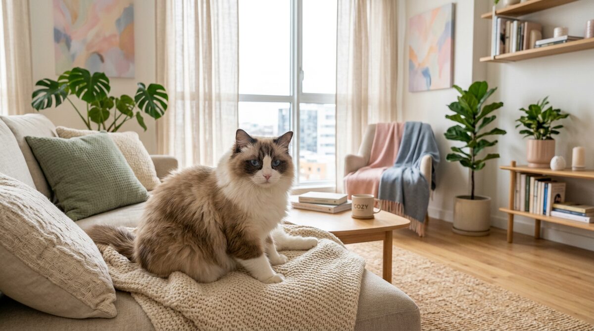 Beautiful Ragdoll cat relaxing in a modern apartment