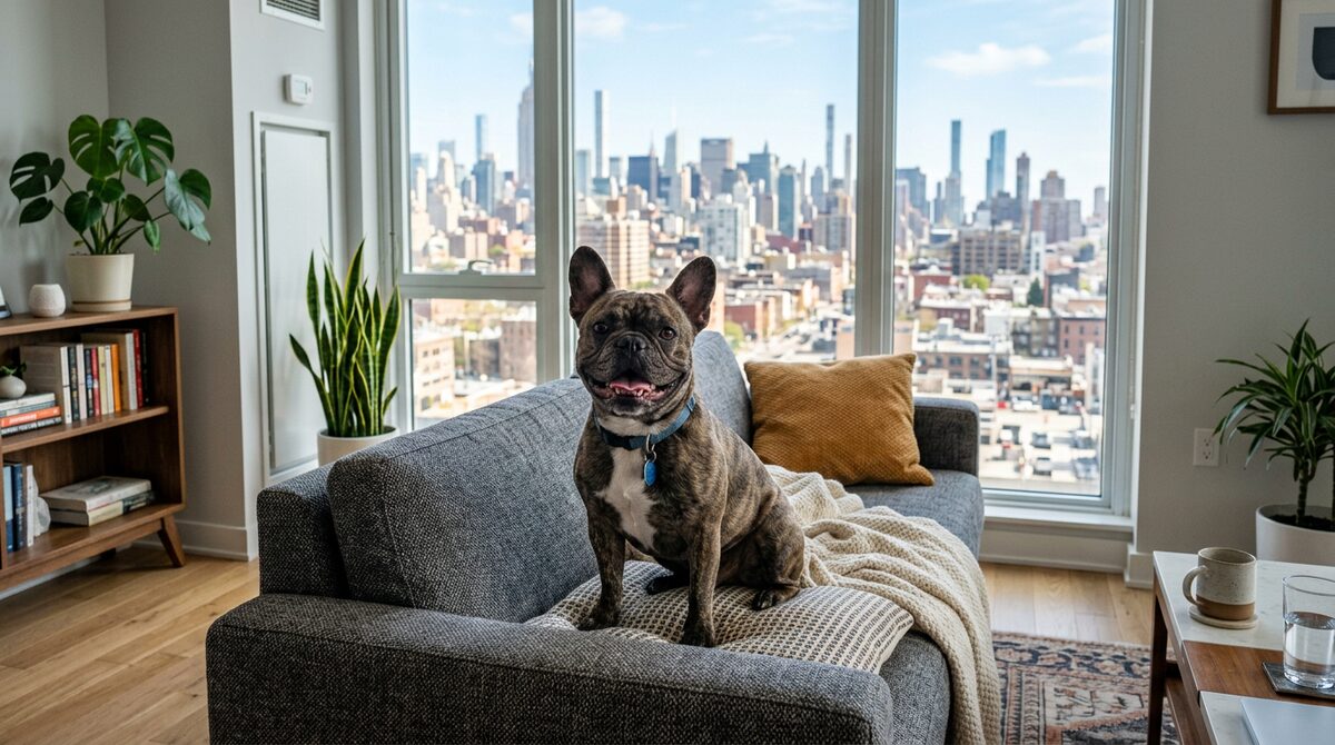 Happy French Bulldog sitting in a modern city apartment