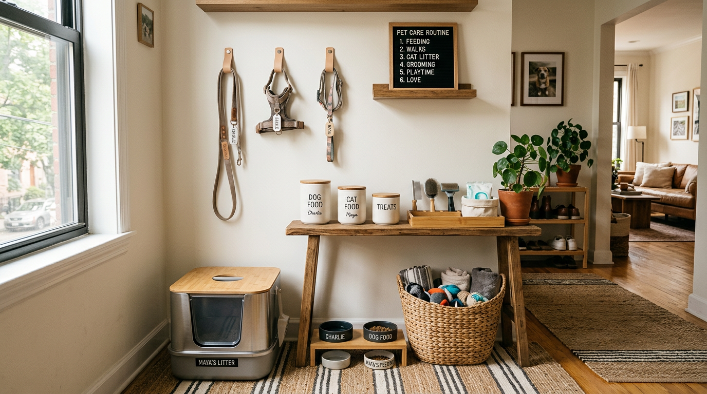 daily pet care routines busy apartment owners — organized pet care supplies in apartment