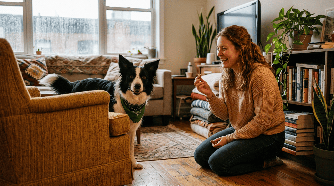indoor games keep dog happy rainy days — dog and owner playing hide and seek for treats in apartment