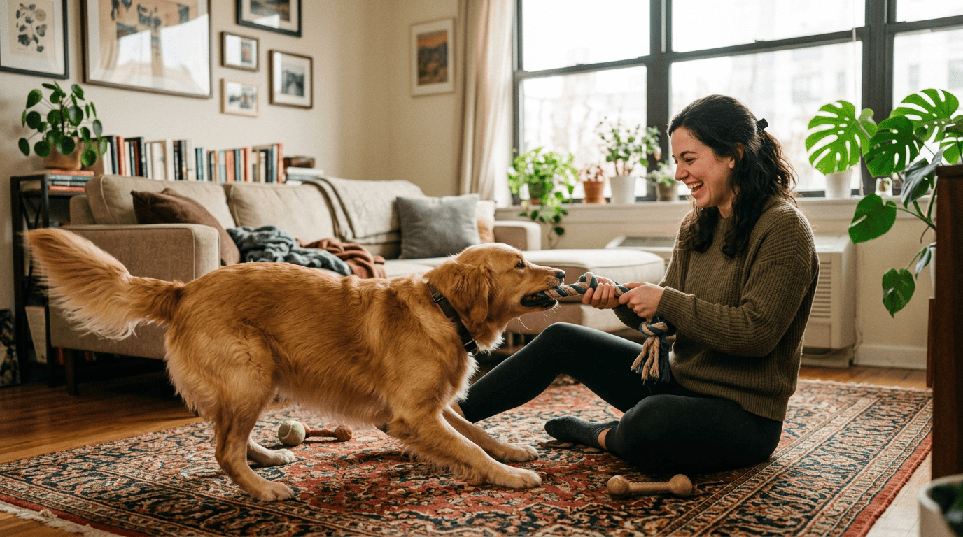 ways to tire out dog without leaving house — dog and owner playing tug of war inside apartment