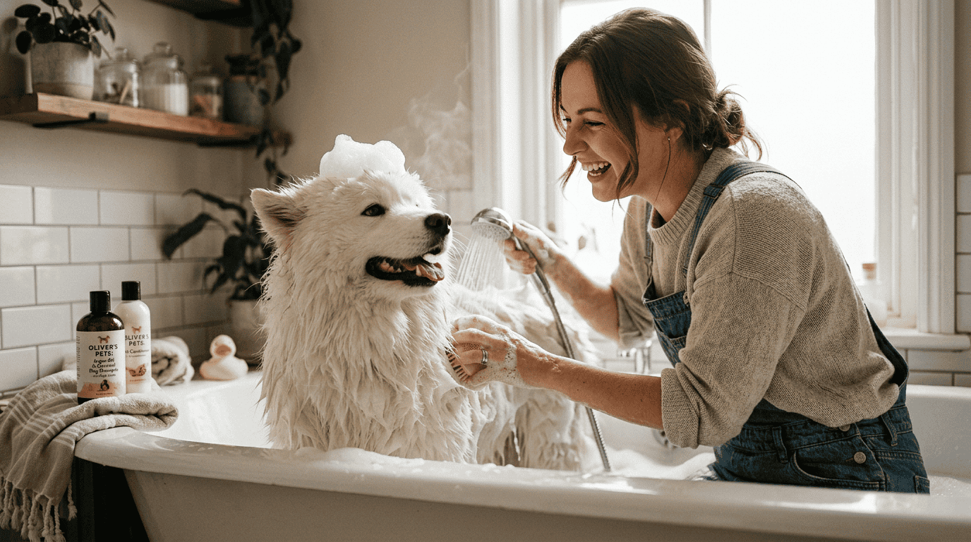 how often bathe dog — owner bathing happy fluffy dog in bathtub with proper shampoo