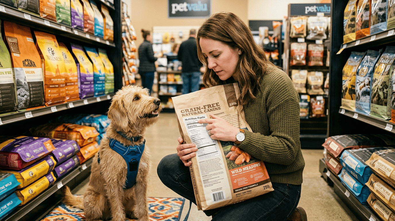 grain-free dog food truth — owner reading dog food ingredient label making informed decision