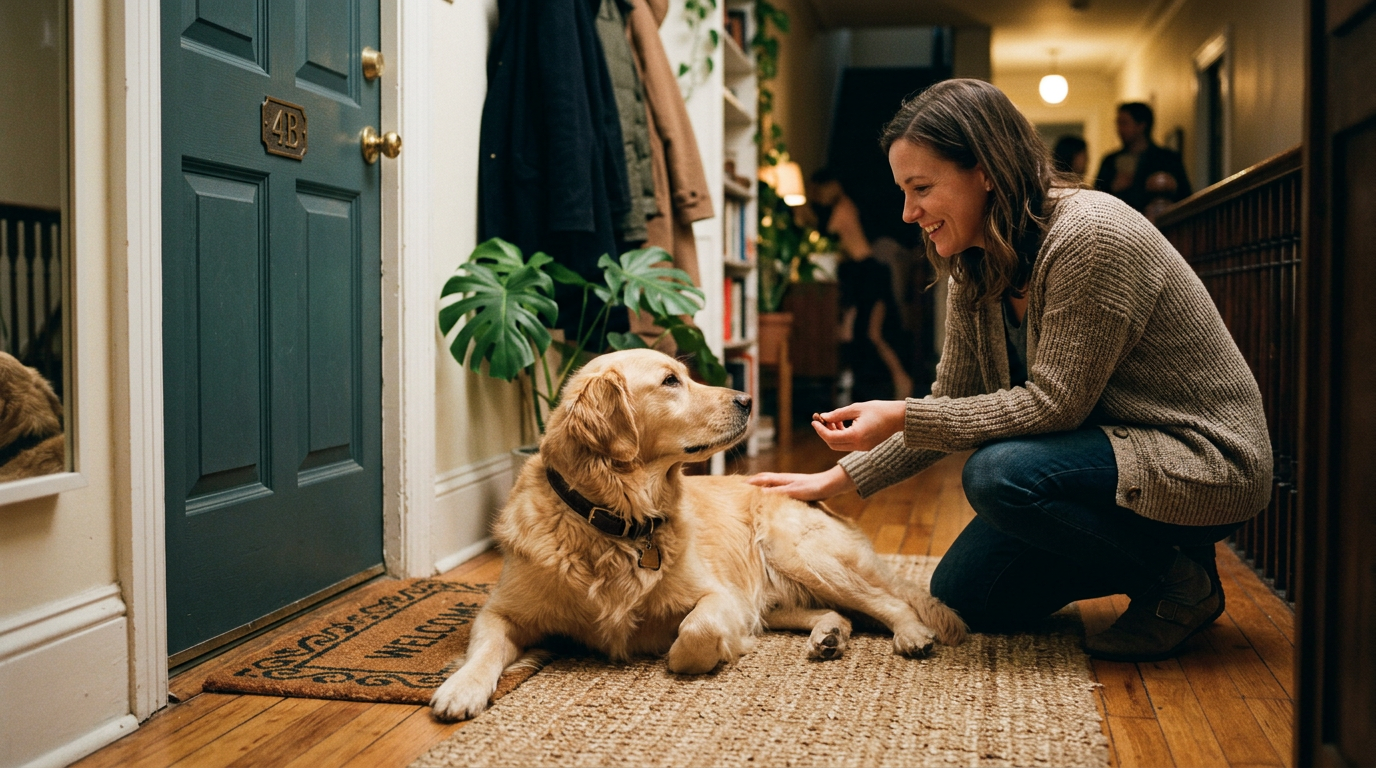keeping dog calm apartment noises — calm dog resting by door while owner rewards calm behavior