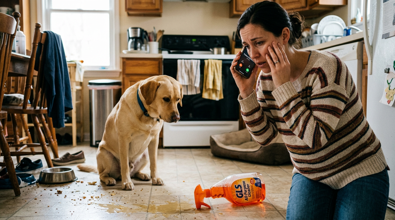 dog ate something toxic — owner calling poison control while guilty dog sits beside spilled item