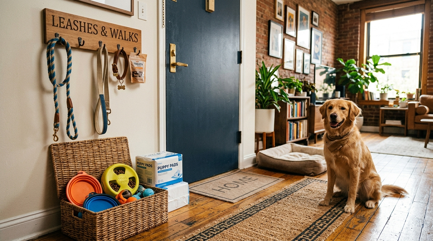 must-have apartment dog products — dog supplies including puzzle feeder pee pads and leash hooks by door