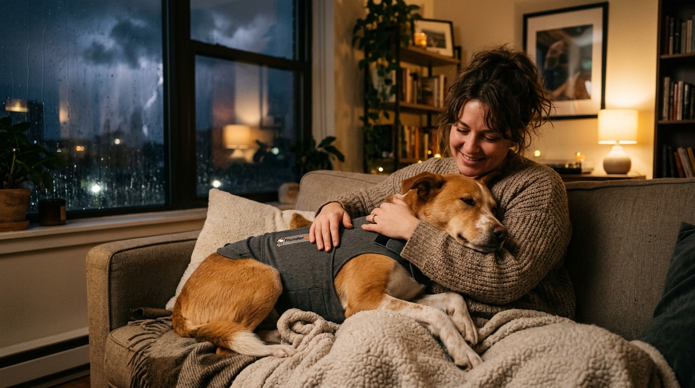 noise-sensitive dogs calming products — dog wearing calming wrap vest relaxed in apartment during thunderstorm