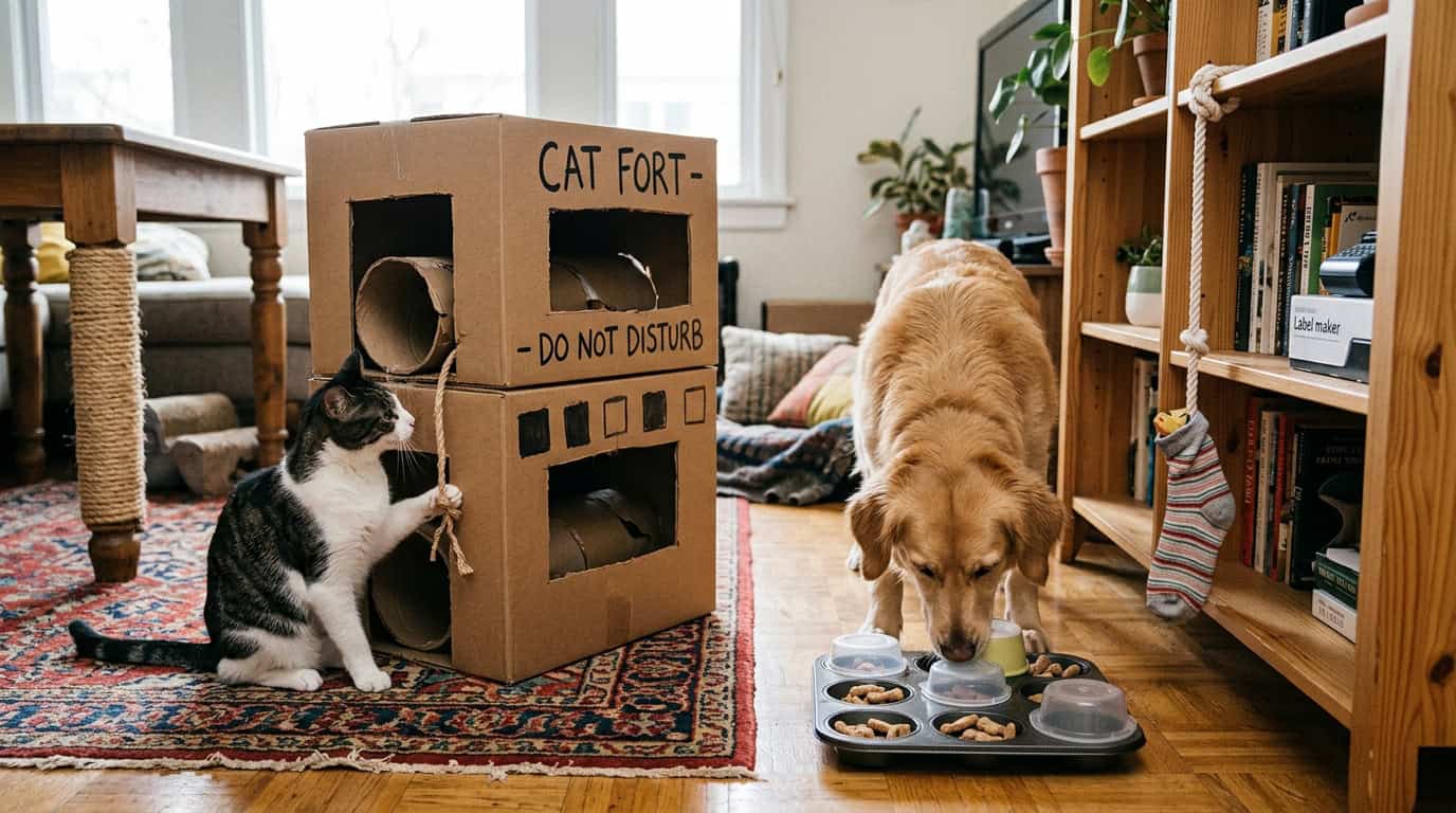 everyday items repurposed pet supplies — household items as DIY pet toys muffin tin puzzle and cardboard fort