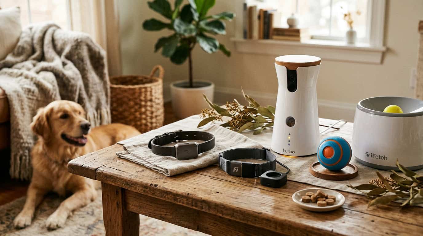 pet tech upgrades worth the splurge — premium GPS collar automatic feeder and smart toy on display
