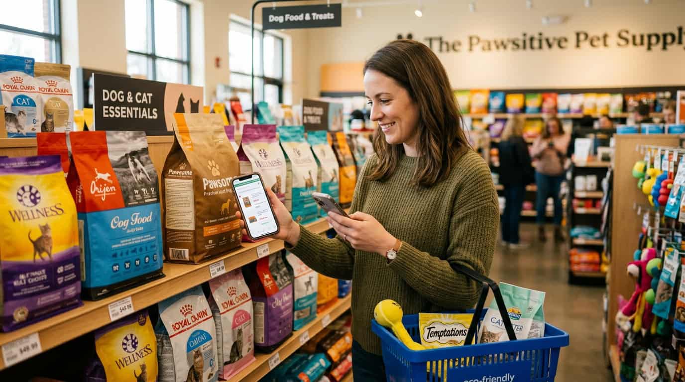 stop overpaying pet store — smart owner comparing prices at pet store versus online shopping