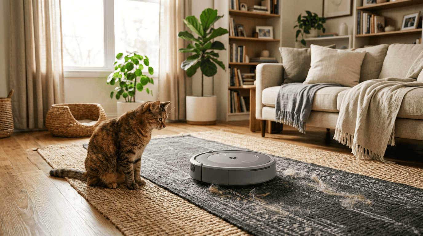 home gadgets pet owners — robot vacuum collecting pet hair while cat watches curiously