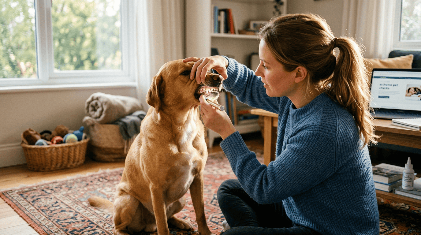 preventive pet care habits save money — owner checking dog teeth and ears during home health check