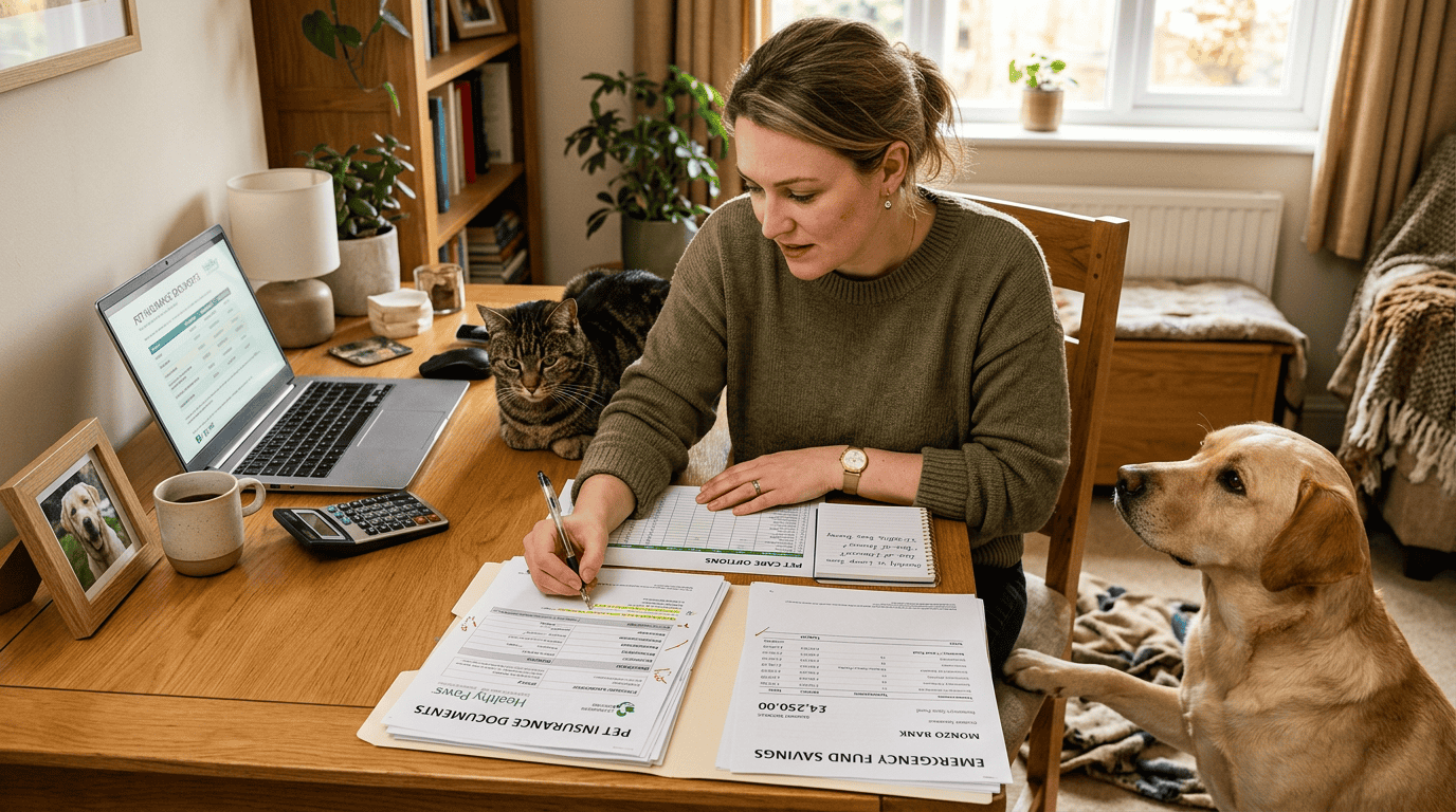 pet insurance vs emergency fund — owner comparing insurance documents and savings account on desk