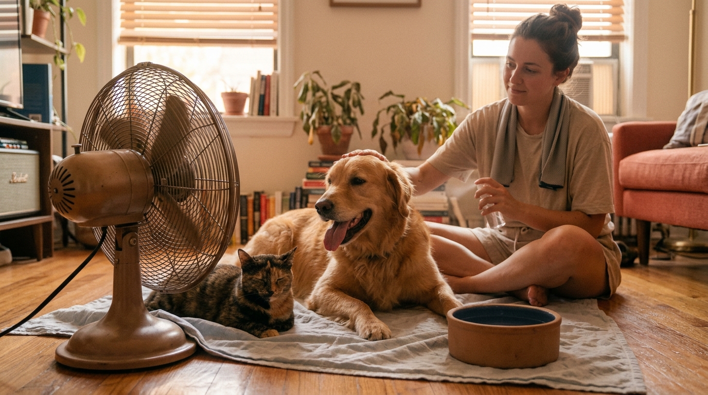 summer heat safety apartment pets — dog and cat staying cool with fan and water bowl in hot apartment
