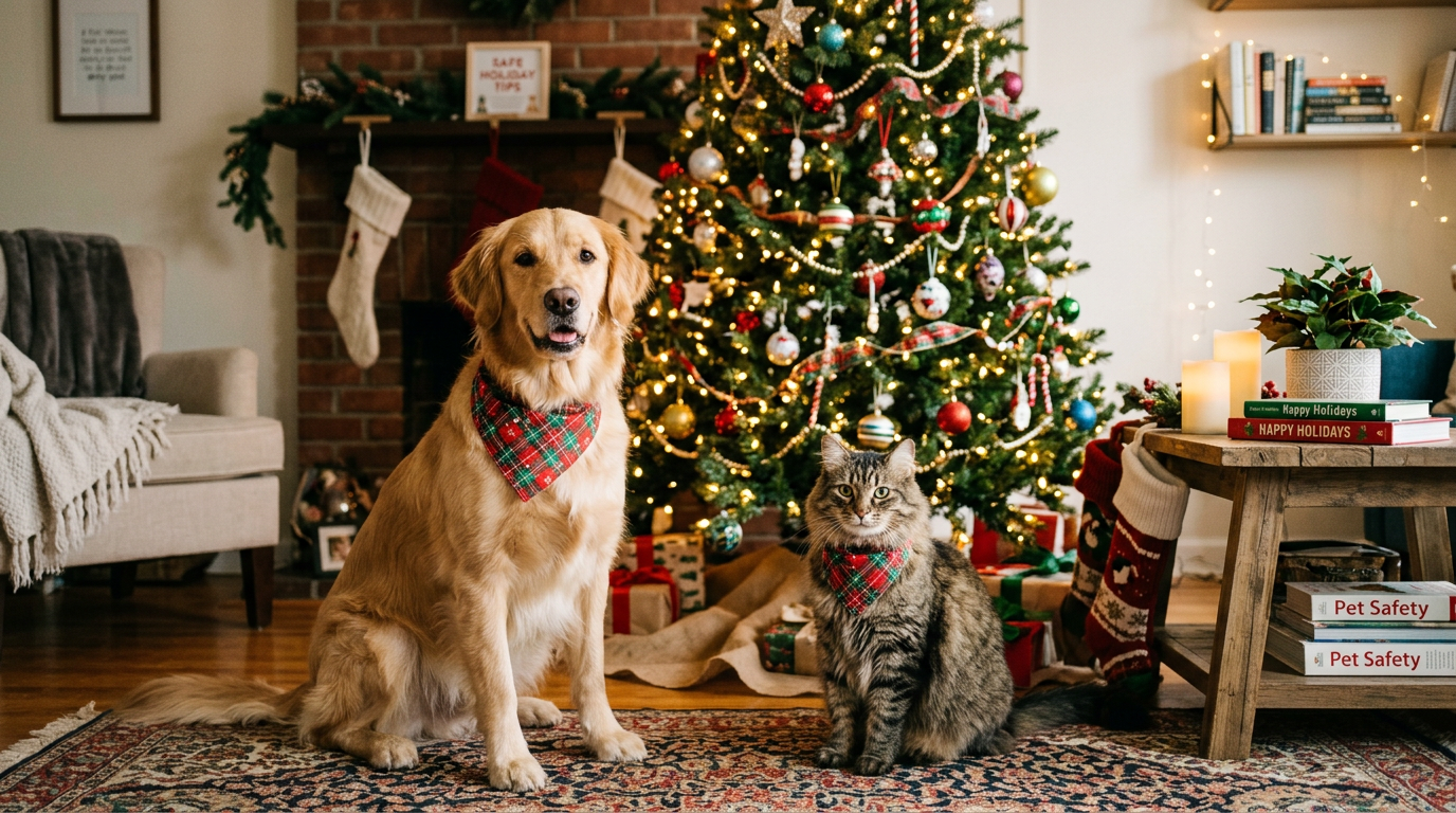 holiday pet safety guide — dog and cat with festive bandanas beside Christmas tree in apartment