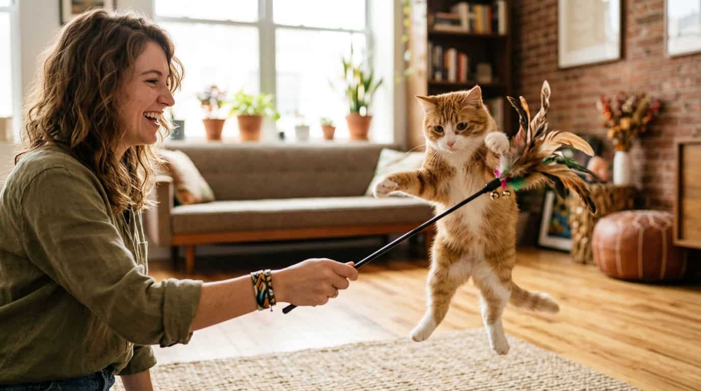 indoor cat enrichment ideas — cat playing with feather wand toy held by owner in bright apartment