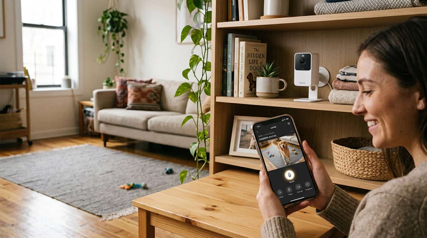 best pet camera apartment living — modern pet camera mounted on shelf showing dog on phone screen