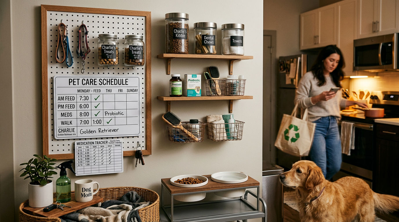 daily pet care routine apartment — organized pet care station with feeding schedule and supplies