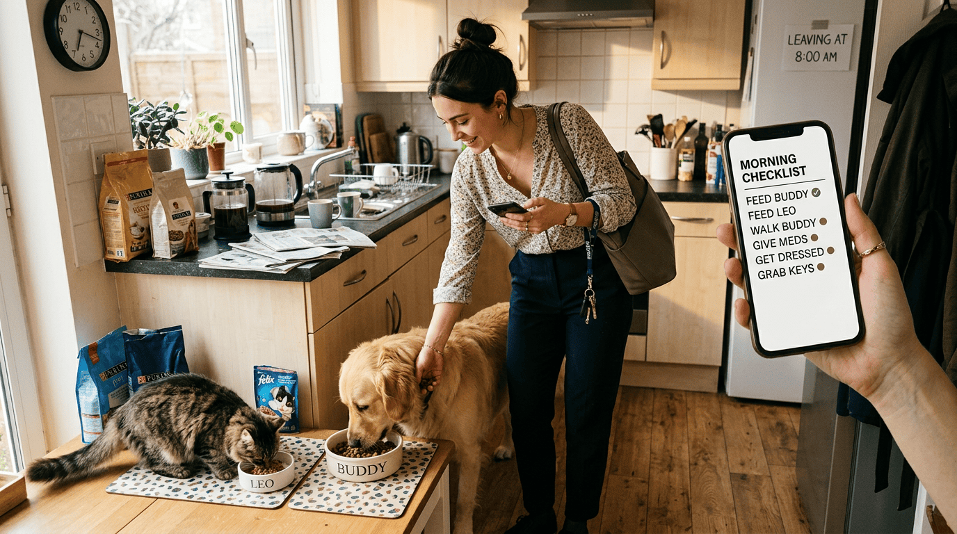 pet routine checklist busy mornings — owner checking phone checklist while feeding dog and cat