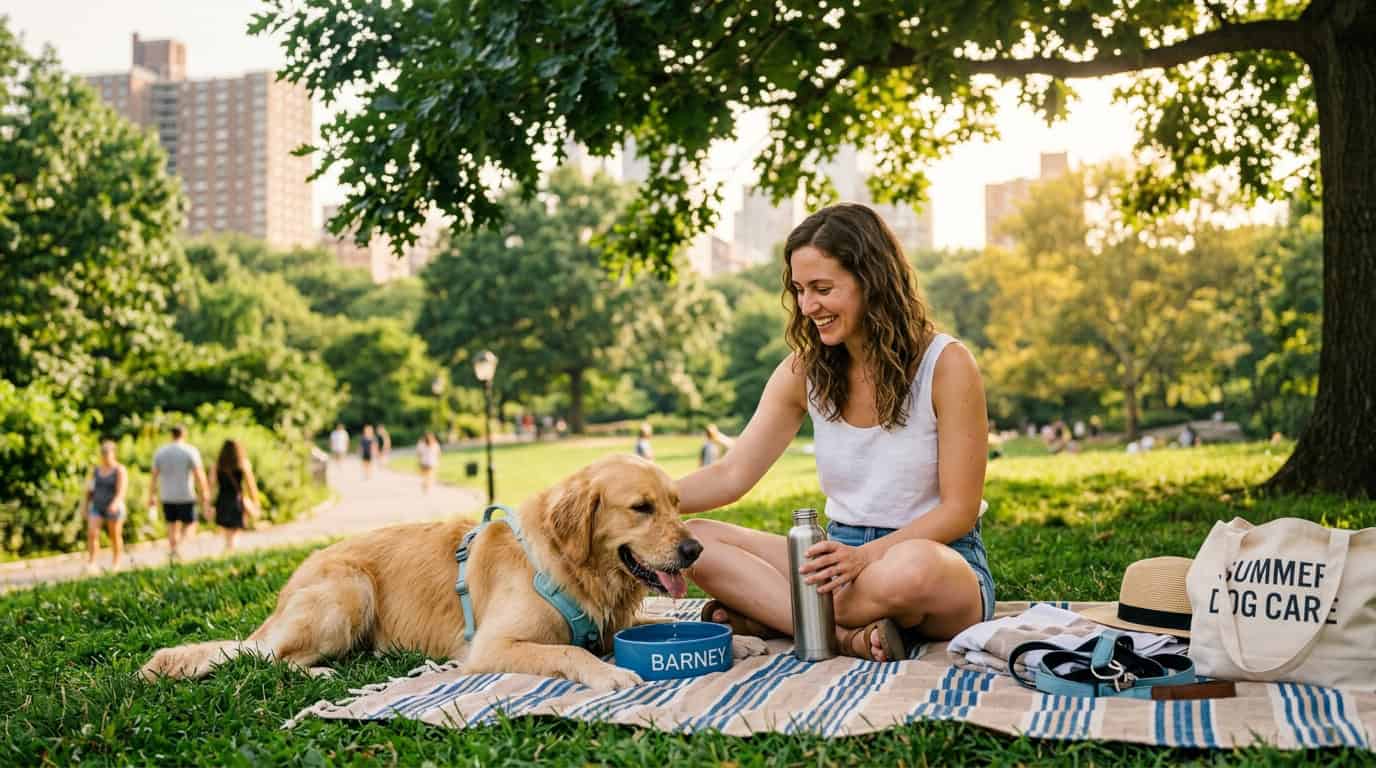 summer pet care tips apartment — dog and owner in park cooling off with water bowl on hot day