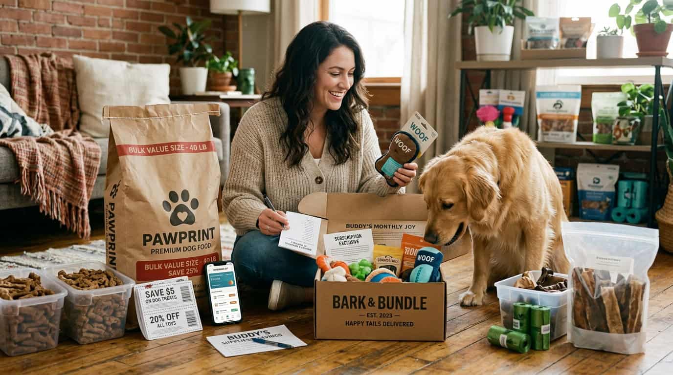 save money pet supplies — owner with pet subscription box bulk buying and couponing