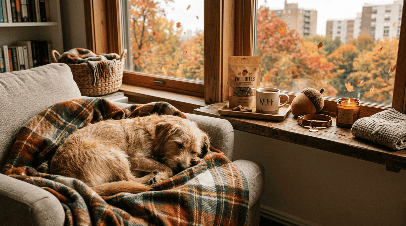 must-have fall pet products — dog curled under plaid blanket with autumn leaves through window