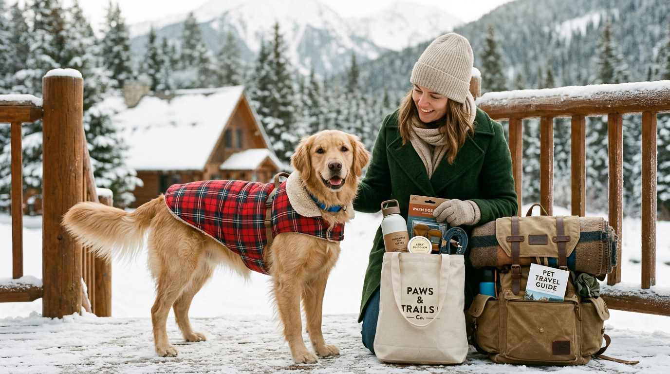 pet products cold weather travel — dog in winter puffer jacket beside cold weather pet supplies