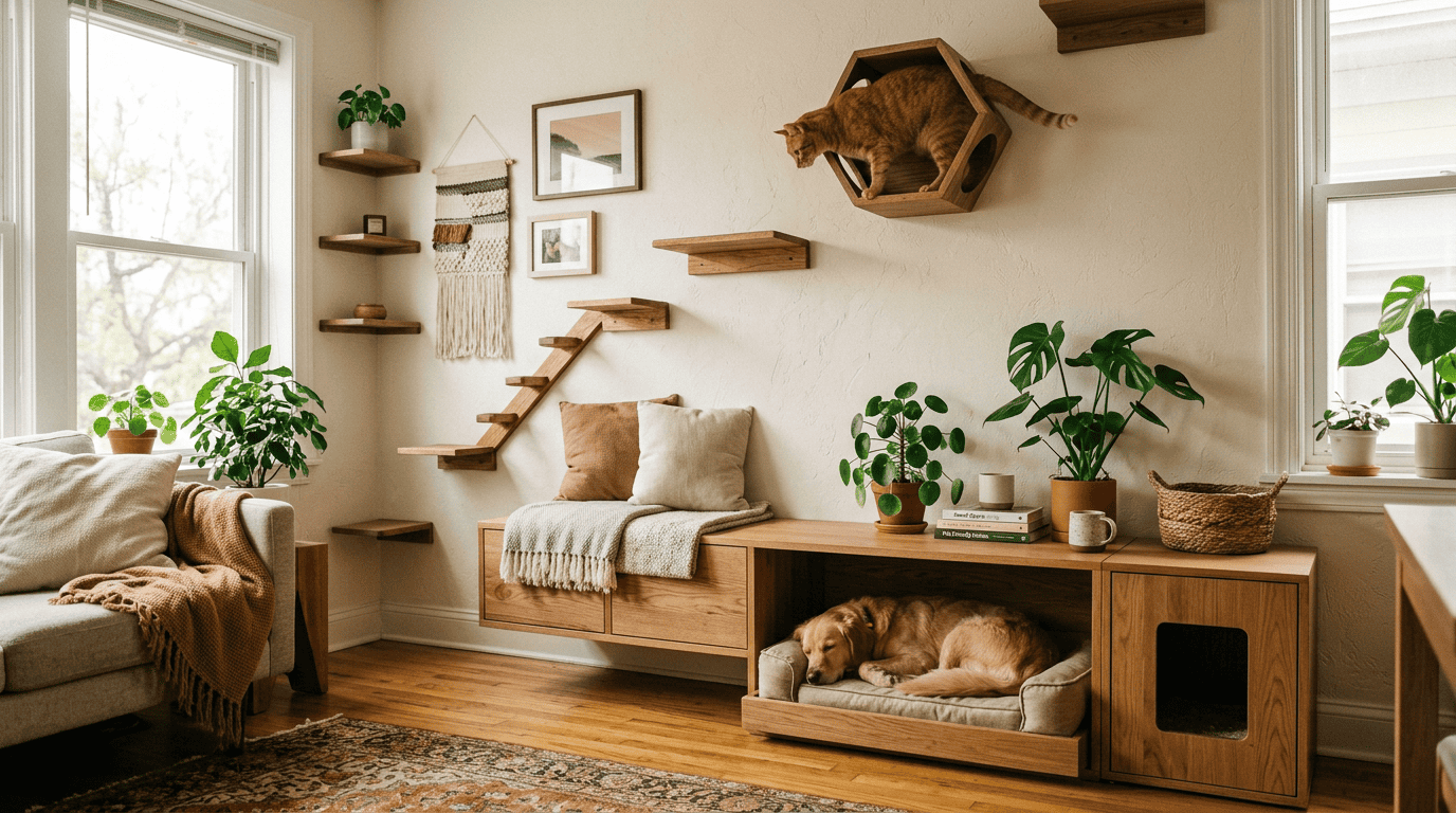 pet furniture ideas small apartments — wall-mounted cat shelves and dog bed under floating bench