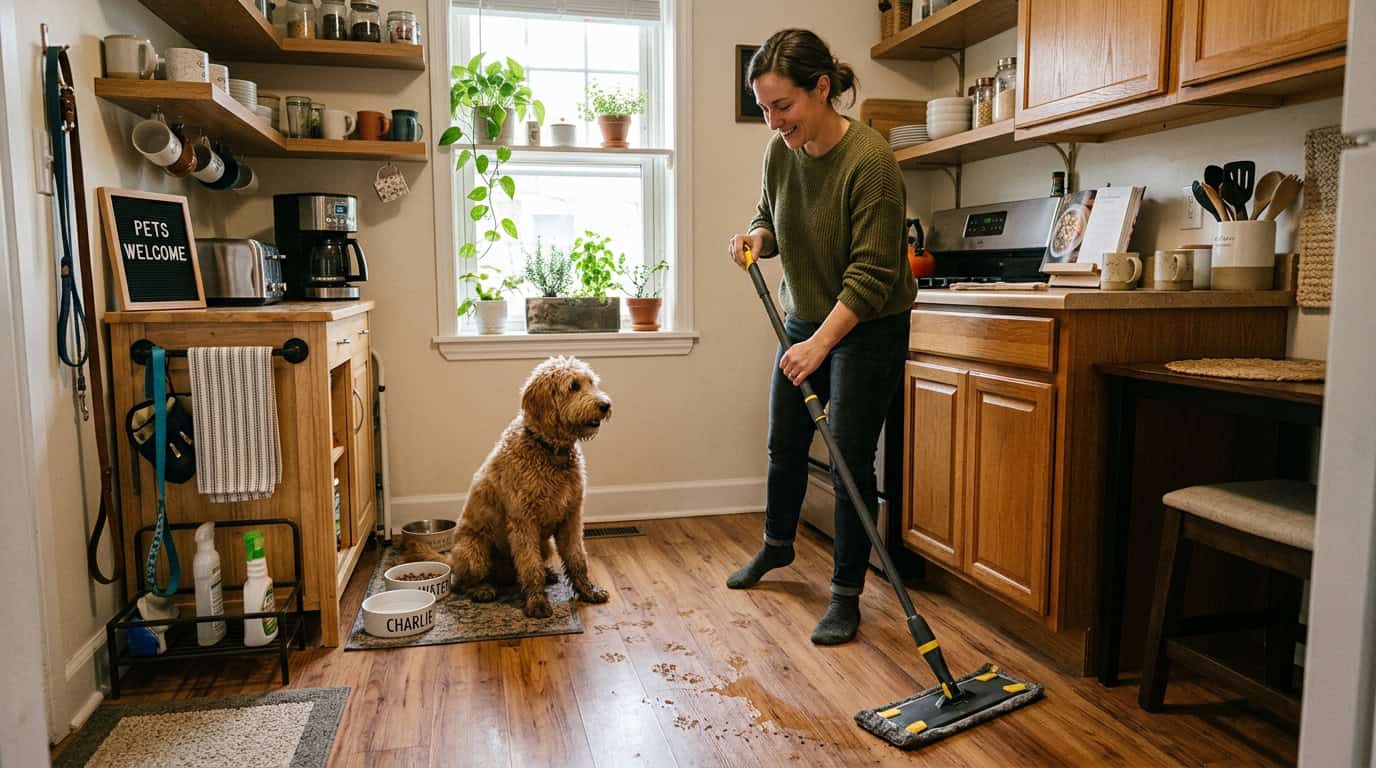 keep apartment clean with pets — owner using microfiber mop to quickly clean after dog in kitchen