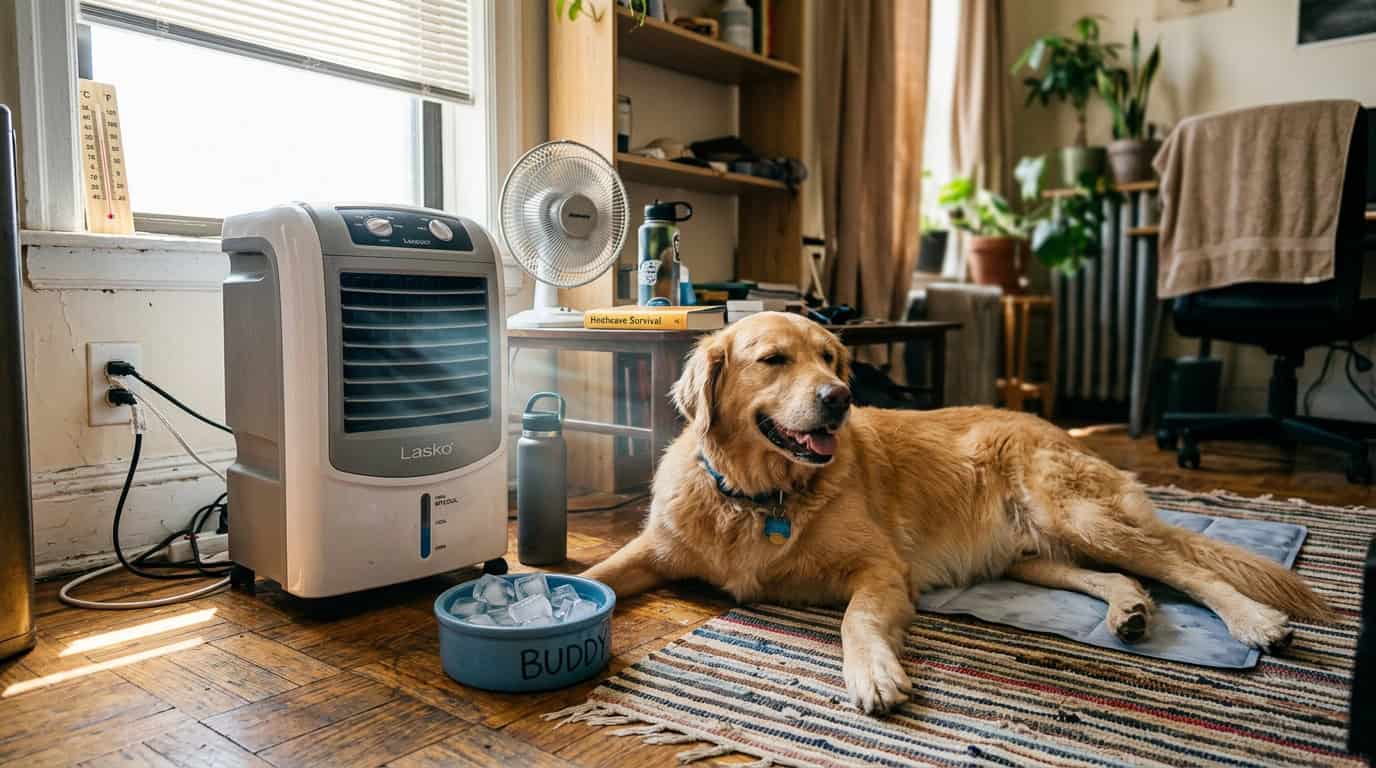 keep pets cool without AC summer heatwave — dog lounging near portable cooler and ice water bowl