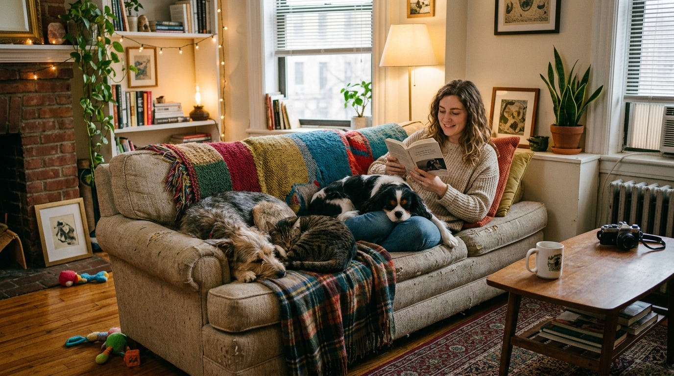 manage multiple pets small apartment — two dogs and cat sharing space harmoniously with owner