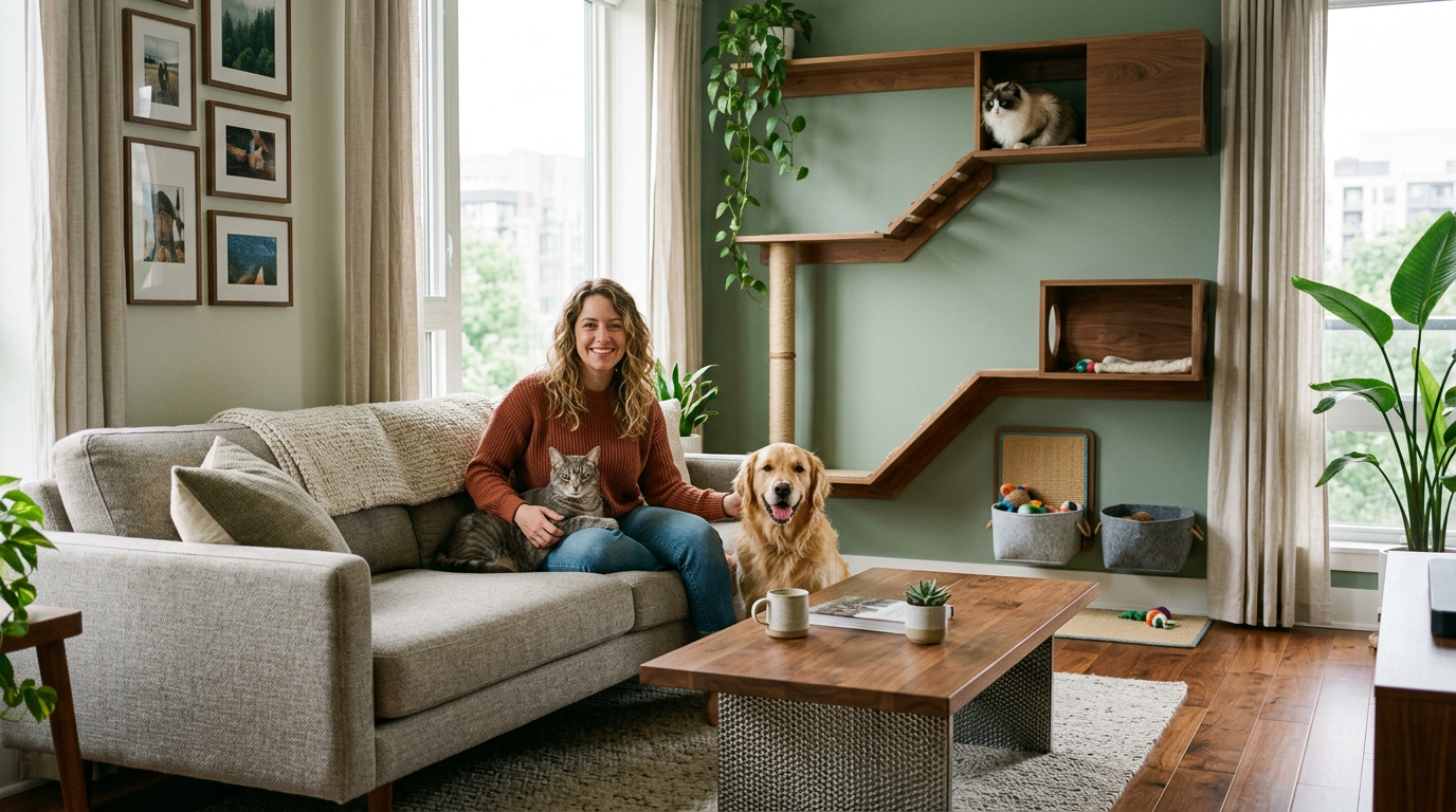 pet-friendly furniture apartments — modern apartment with stylish pet-friendly sofa and cat shelf