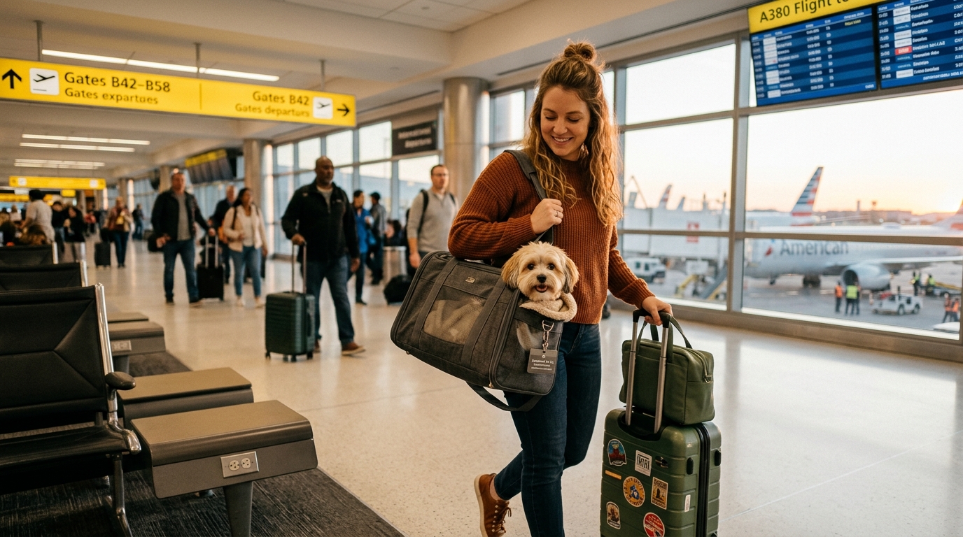 travel with pets apartment — pet owner with dog in carry bag at airport departure terminal