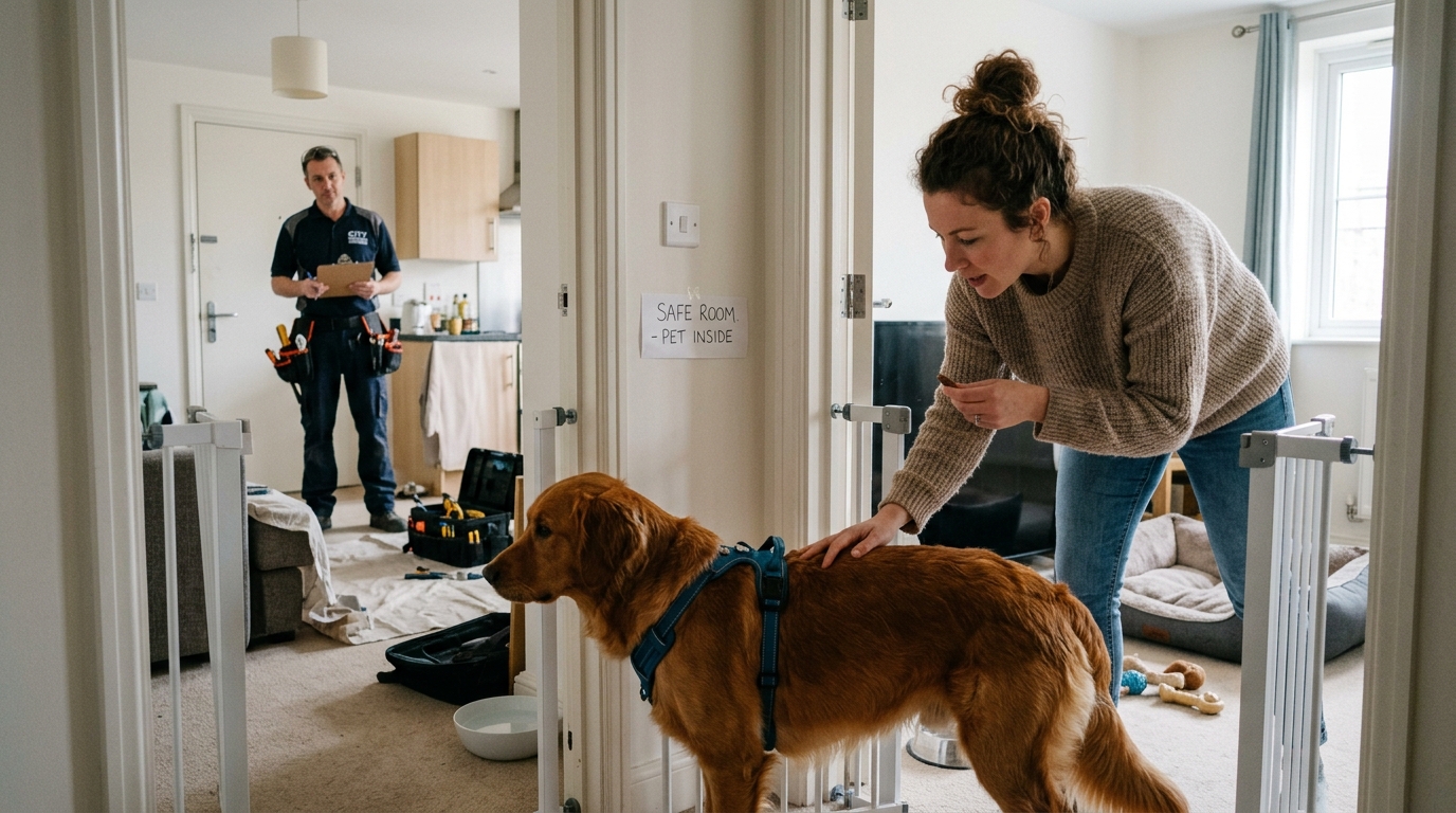 keep pets safe apartment maintenance — owner securing dog in safe room during maintenance work