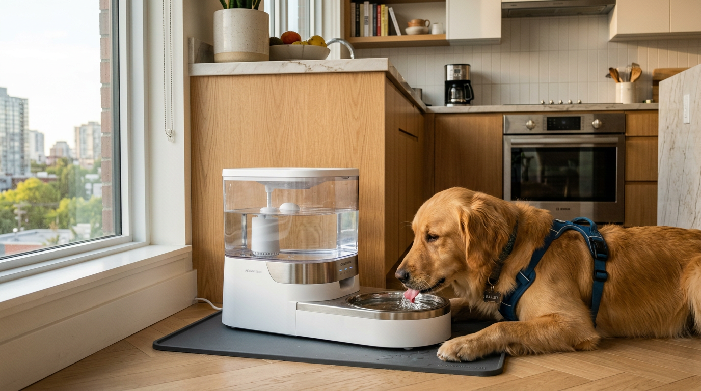 best pet water dispensers apartments — automatic pet water dispenser in kitchen dog drinking from it