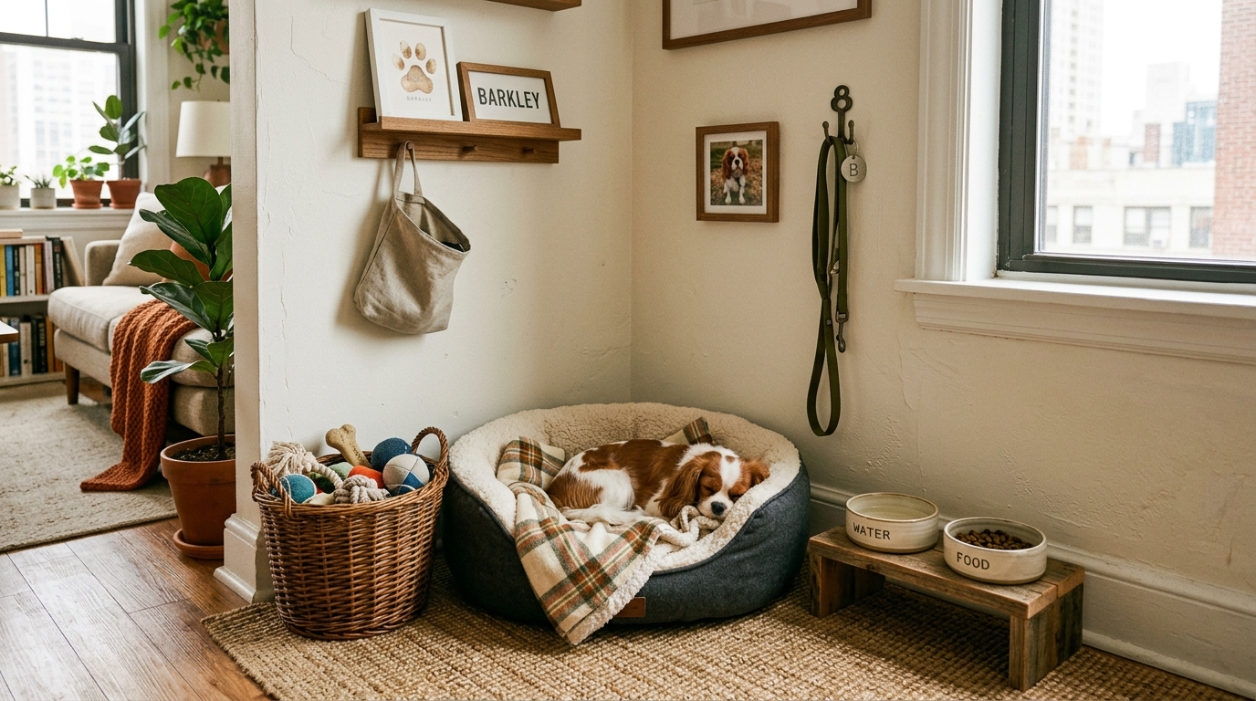 pet corner apartment — dedicated pet corner with feeding station toy basket and bed neatly arranged