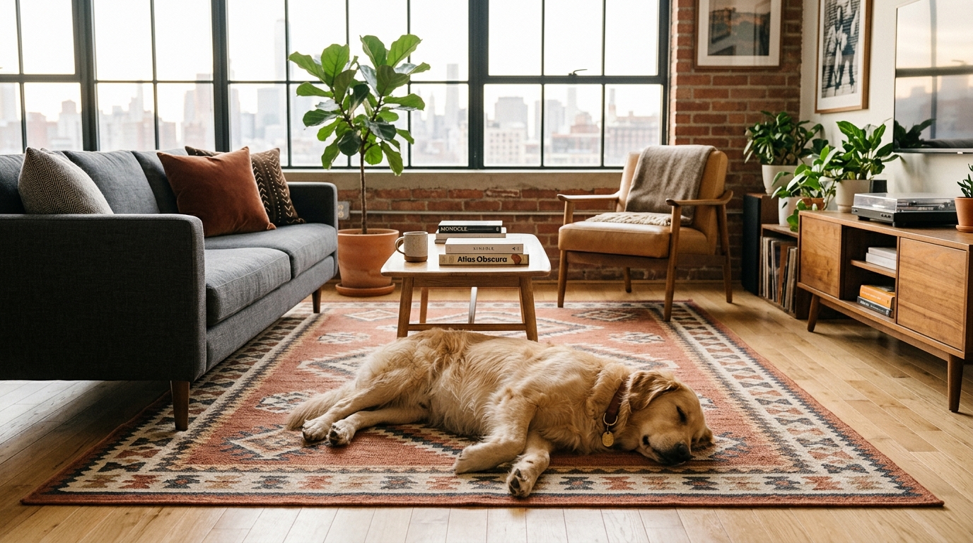 pet-friendly rugs apartments — stylish washable area rug in apartment with dog lounging on it